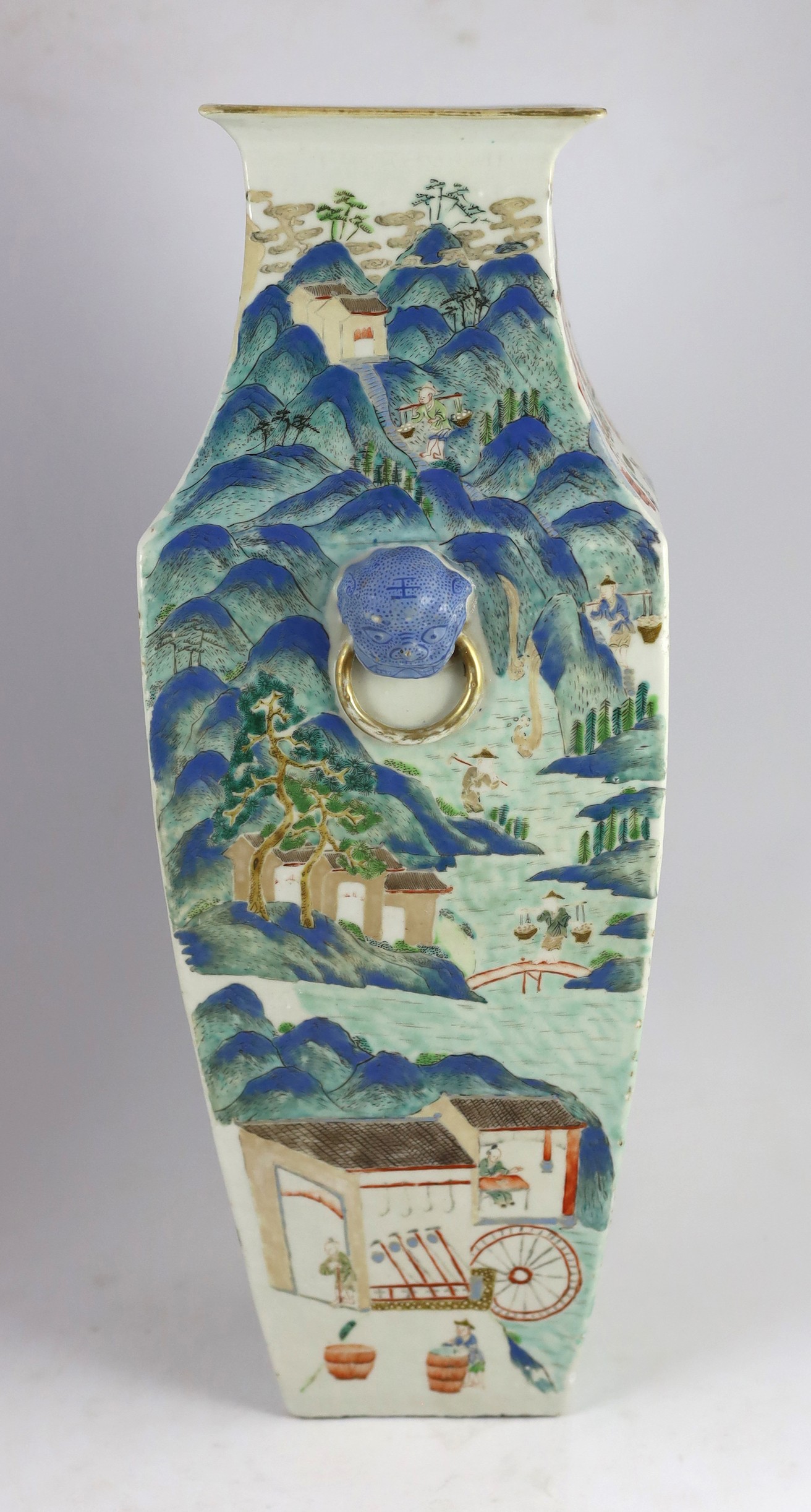 A pair of large Chinese famille rose fencai square baluster vases, 19th century, 53cm high, one corner of rim restored, some wear to enamels